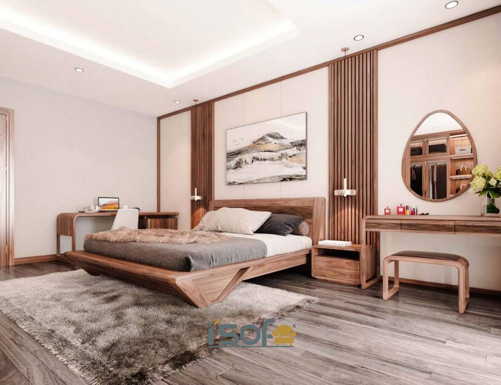 Giường đôi làm từ gỗ tự nhiên khiến căn phòng trở nên sang trọng