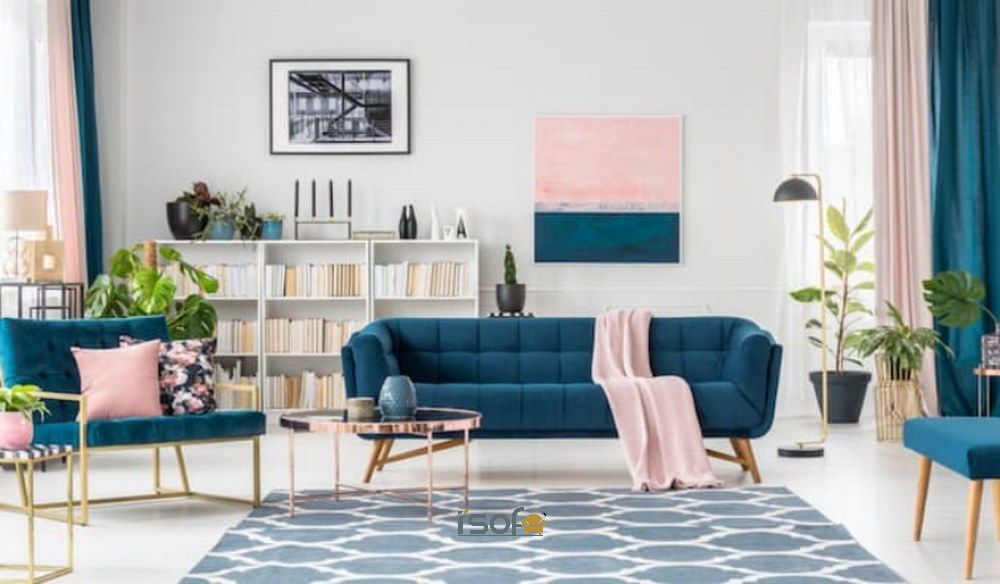 Mẫu sofa màu xanh dương dạng băng được thiết kế theo phong cách hiện đại
