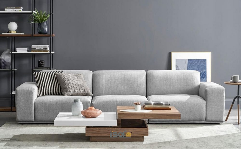 Mẫu sofa nỉ màu ghi sáng với đệm tựa êm ái, mang một vẻ đẹp sang trọng, hiện đại và tạo cảm giác thư thái, thoải mái cho người sử dụng.