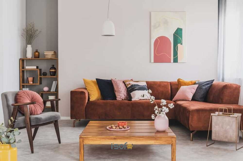 Mẫu sofa màu nâu dạng góc giúp trang trí phòng khách thêm hiện đại